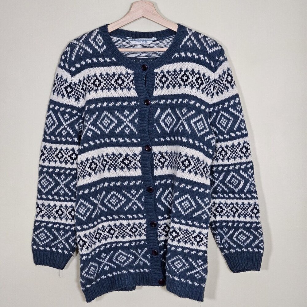 Over Pull Scandinavian Pattern Cardigan Womens L Blue White LS Cottage Lagenlook